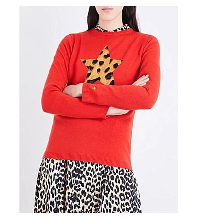 Shop Bella Freud Iggy Leopard Star Merino Wool-blend Sweater In Red