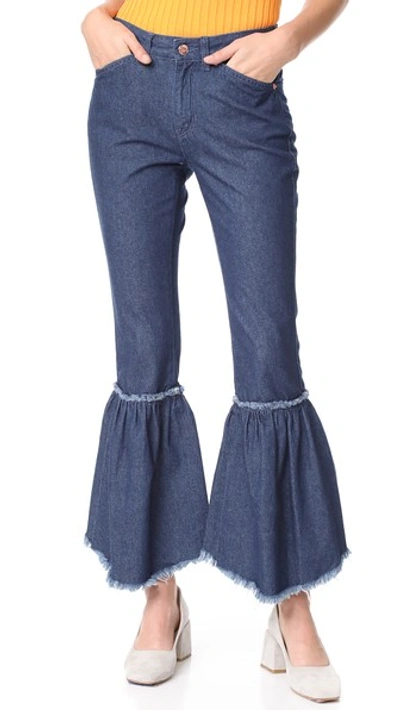 Sjyp Bottom Bias Cutoff Jeans In Dark Blue