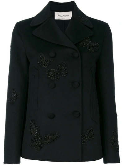 Valentino Butterfly Embroidered Peacoat - Black