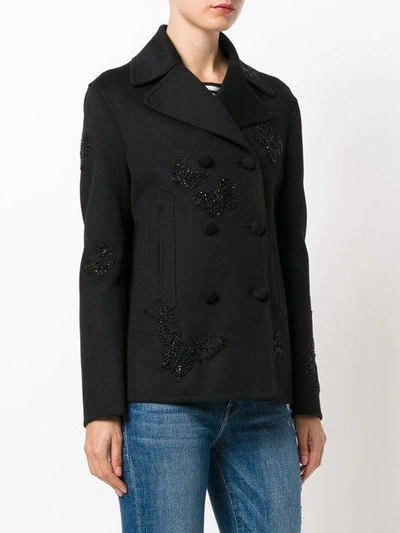 Shop Valentino Butterfly Embroidered Peacoat - Black