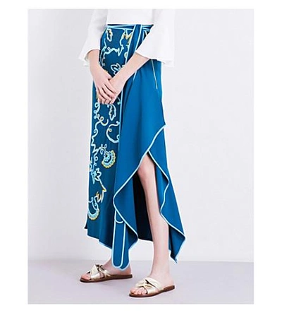 Shop Peter Pilotto Embroidered Crepe Skirt In Teal
