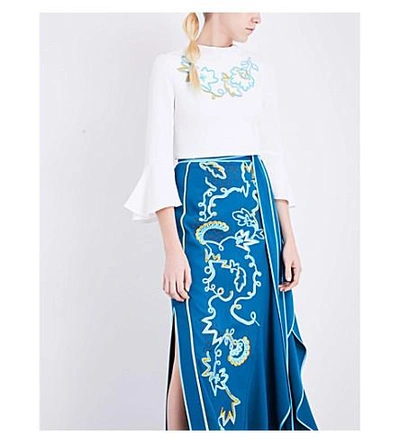 Shop Peter Pilotto Embroidered Crepe Skirt In Teal