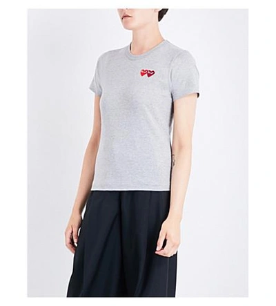 Shop Comme Des Garçons Play Double Heart-appliqué Cotton-jersey T-shirt In Grey