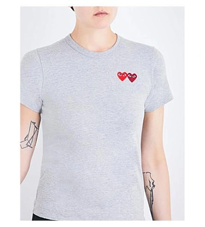 Shop Comme Des Garçons Play Double Heart-appliqué Cotton-jersey T-shirt In Grey