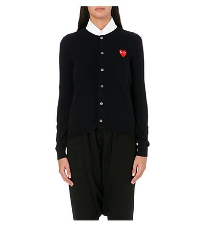 Shop Comme Des Garçons Play Embroidered-heart Wool Cardigan In Navy