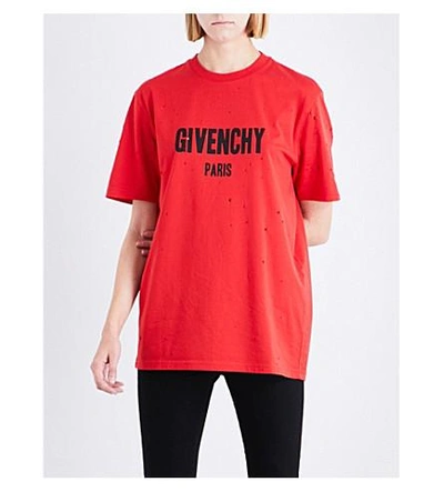 Shop Givenchy Distressed Logo-print Cotton-jersey T-shirt In Red