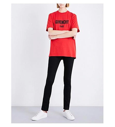 Shop Givenchy Distressed Logo-print Cotton-jersey T-shirt In Red