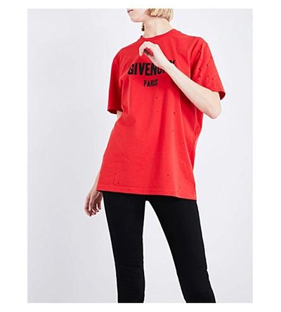 Shop Givenchy Distressed Logo-print Cotton-jersey T-shirt In Red