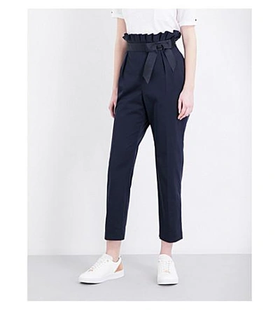 Shop Ted Baker Ruffled-waist High-rise Cropped Stretch-cotton Pants In Navy