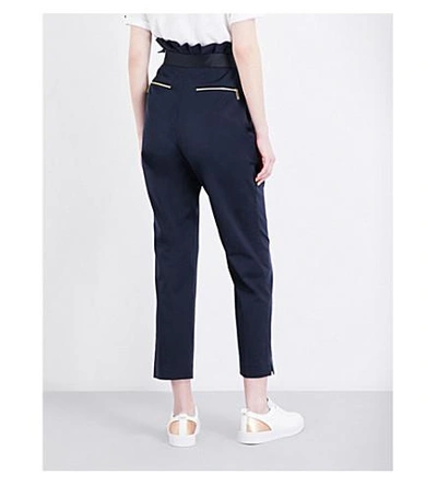 Shop Ted Baker Ruffled-waist High-rise Cropped Stretch-cotton Pants In Navy