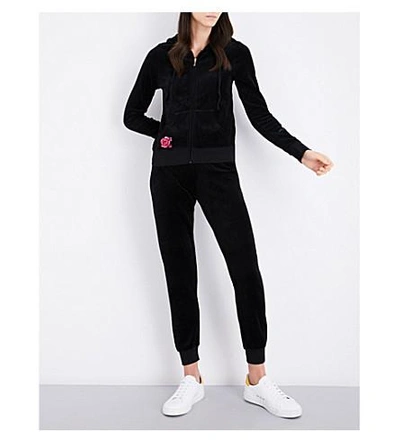 Shop Juicy Couture Robertson Floral-embroidered Velour Hoody In Black