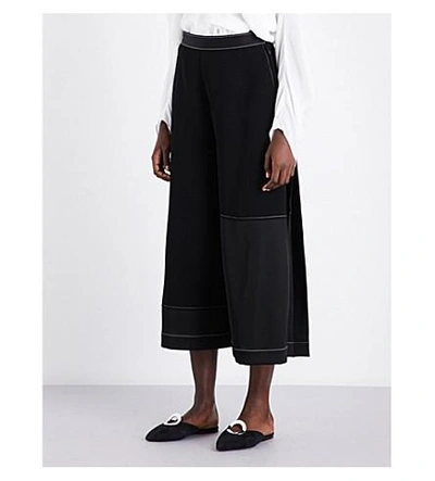 Shop Loewe Contrast-stitch Wide Cropped High-rise Crepe Culottes In Black