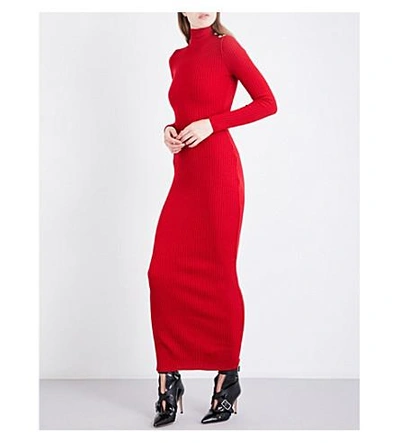 Shop Balmain Turtleneck Merino Wool Dress In Red
