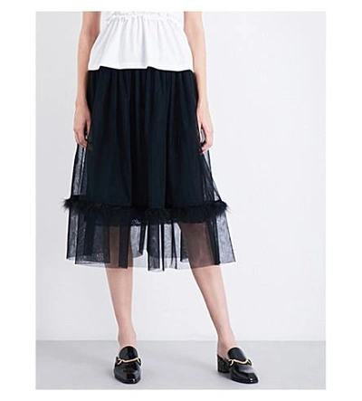 Shop Simone Rocha Feather-embellished Smocked Tulle Midi Skirt In Black