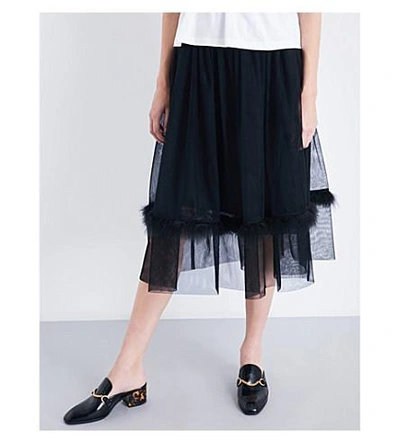 Shop Simone Rocha Feather-embellished Smocked Tulle Midi Skirt In Black