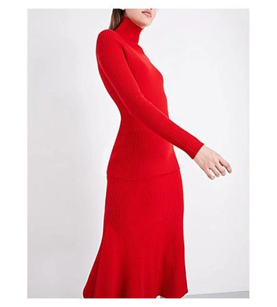 Shop Victoria Beckham Flared Ribbed-knit Midi Skirt In Red