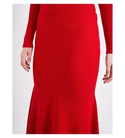 Shop Victoria Beckham Flared Ribbed-knit Midi Skirt In Red