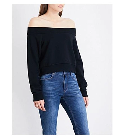 Shop Whistles Bardot Off-the-shoulder Cotton-jersey Sweatshirt In Black