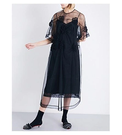 Shop Simone Rocha Flower-smocked Tulle Midi Dress In Black