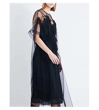 Shop Simone Rocha Flower-smocked Tulle Midi Dress In Black