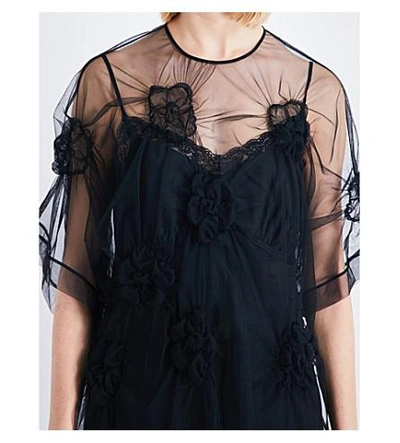 Shop Simone Rocha Flower-smocked Tulle Midi Dress In Black