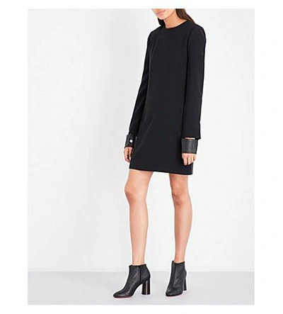Shop Helmut Lang Leather-cuff Crepe Mini Dress In Black