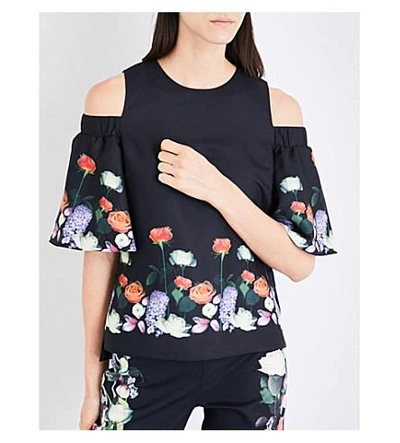Shop Ted Baker Kensington Floral-print Cold-shoulder Top In Black