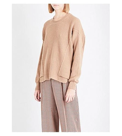 Shop Stella Mccartney Dropped-shoulder Ribbed Knitted Sweater In Camel