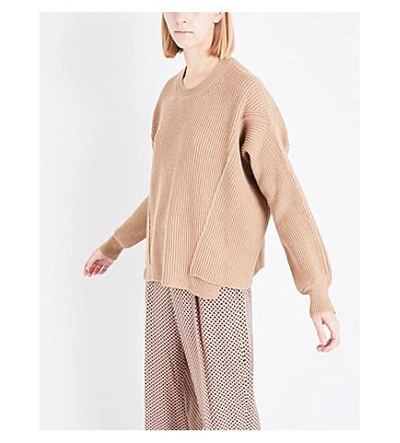 Shop Stella Mccartney Dropped-shoulder Ribbed Knitted Sweater In Camel