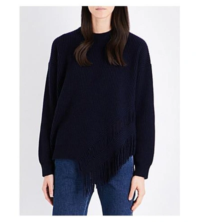 Shop Stella Mccartney Fringed Cashmere And Wool-blend Sweater In Ink