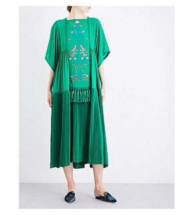 Shop Veronique Branquinho Floral-embroidered Tassel-detail Crepe Midi Dress In Verde