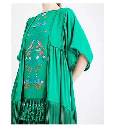 Shop Veronique Branquinho Floral-embroidered Tassel-detail Crepe Midi Dress In Verde