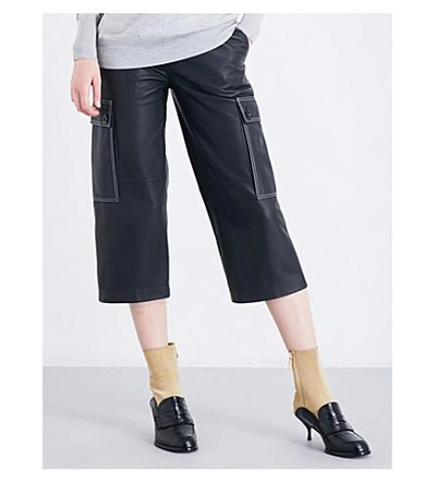 Shop Loewe Wide Cropped High-rise Leather Pants In Black
