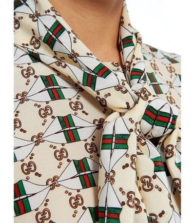 Shop Gucci Ivory Multicolor Silk Shirt With Web Kisses Print