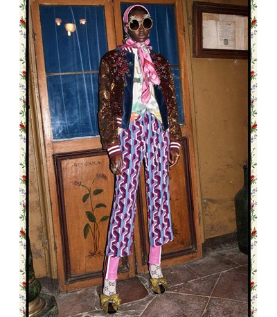 Shop Gucci Pink Multicolor Web Chain Print Silk Pajama Pant