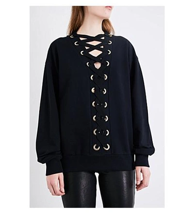 Shop Balmain Lace-up Cotton-jersey Sweatshirt In Noir