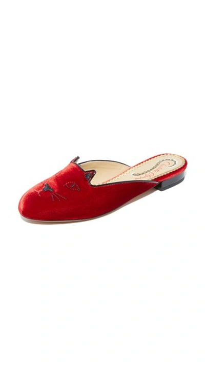 Shop Charlotte Olympia Kitty Slipper Mules In Red/gold