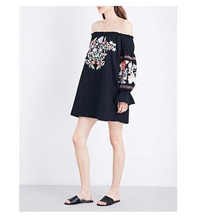 Shop Free People Fleur Du Jour Off-the-shoulder Cotton-twill Mini Dress In Black