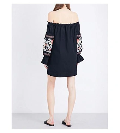 Shop Free People Fleur Du Jour Off-the-shoulder Cotton-twill Mini Dress In Black