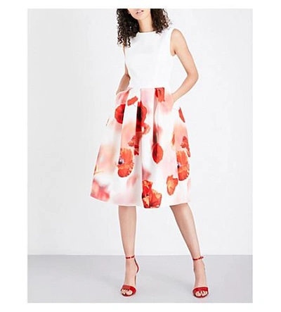 Shop Ted Baker Micla Floral Fit-and-flare Satin And Twill Dress In White