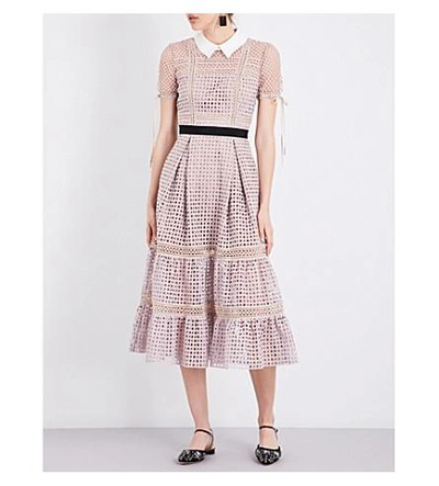 Shop Self-portrait Crosshatch Tiered Midi Dress In Mauve