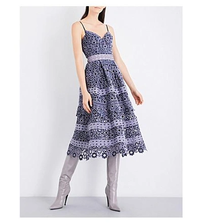 Shop Self-portrait Floral-embroidered Cutout Midi Dress In Grey