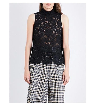 Shop Ganni Duval Sleeveless Floral Lace-embroidered Top In Black