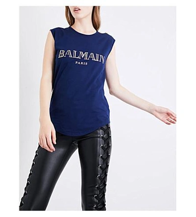 Shop Balmain Logo-print Cotton-jersey Top In Marine