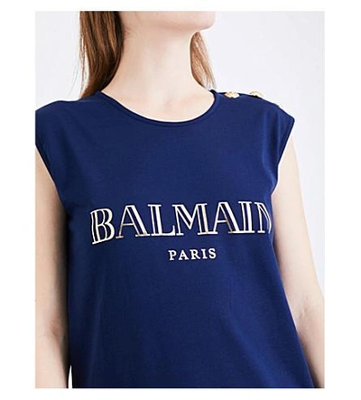Shop Balmain Logo-print Cotton-jersey Top In Marine