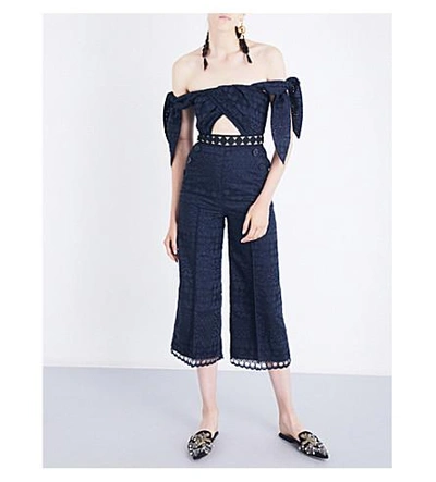 Shop Self-portrait Tie Detail Off-the-shoulder Guipure-lace Jumpsuit In Navy