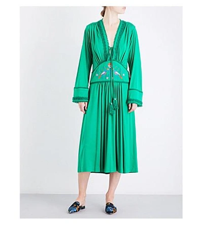 Shop Veronique Branquinho Floral-embroidered Tassel-tie Jersey Maxi Dress In Green