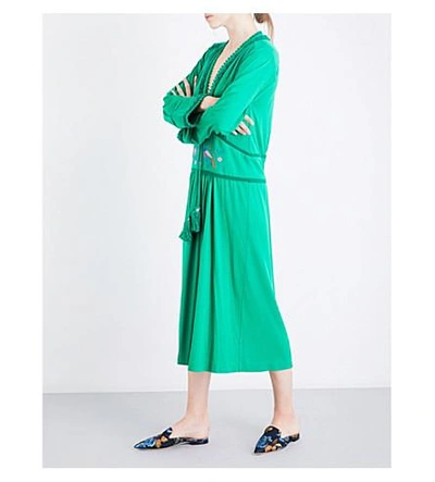 Shop Veronique Branquinho Floral-embroidered Tassel-tie Jersey Maxi Dress In Green
