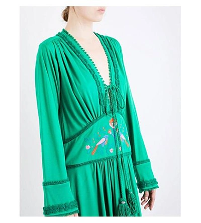 Shop Veronique Branquinho Floral-embroidered Tassel-tie Jersey Maxi Dress In Green