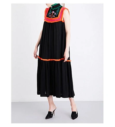Shop Veronique Branquinho Floral-embroidered Ruffle-trim Twill Maxi Dress In Nero